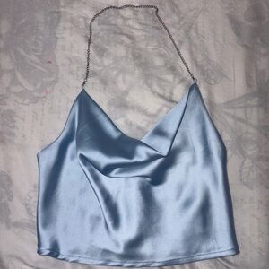 SHEIN Light Blue Satin Cowl Crop Top with Chain Straps